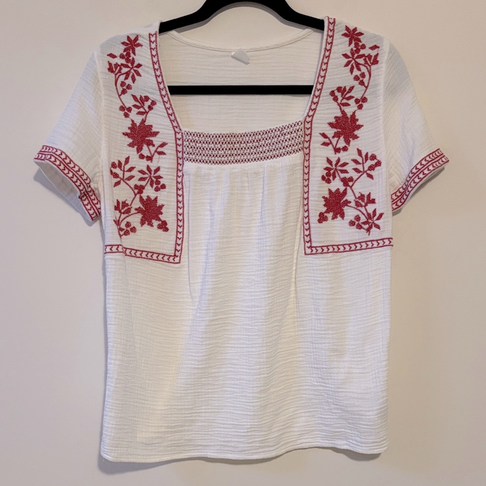 Old Navy White Cotton Blouse with Red Embroidery